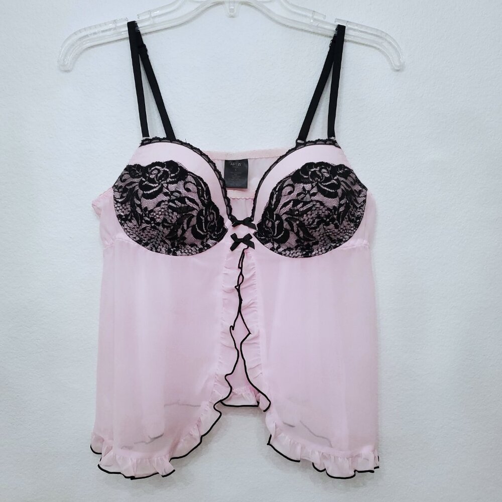 Apt. 9 Pink Padded Sheer Floral Lace Ruffle Lingerie Babydoll Y2K Top Size Large